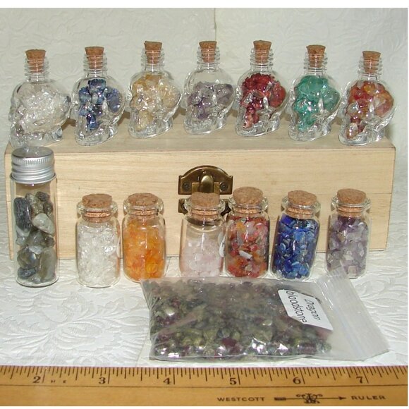 Crystal/Agate Tumbled Stones Collection, Skull Jars +Box, Chakra Healing Jewelry - Picture 1 of 16